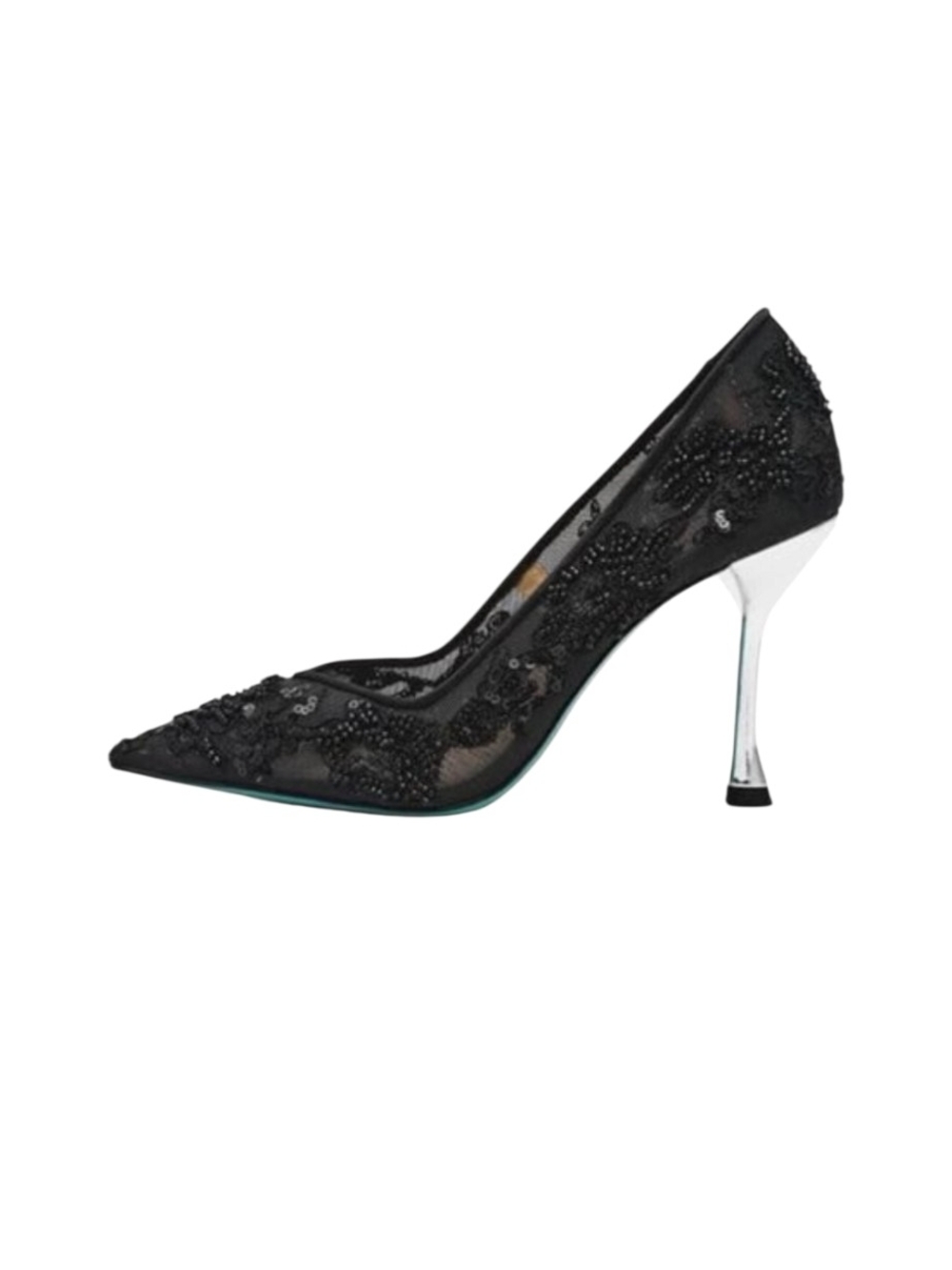 Betsey Johnson Black Lace & Sequin Pointed Toe Pump with Silver Stiletto